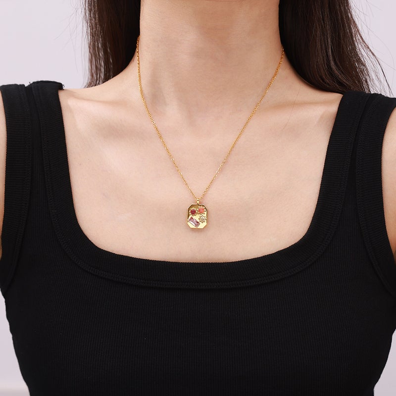 Ins French Retro Artistic Elegant Color Zircon Pendant Women'S Octagonal Titanium Steel Plated 18K Gold Necklace Jewelry - Image 4